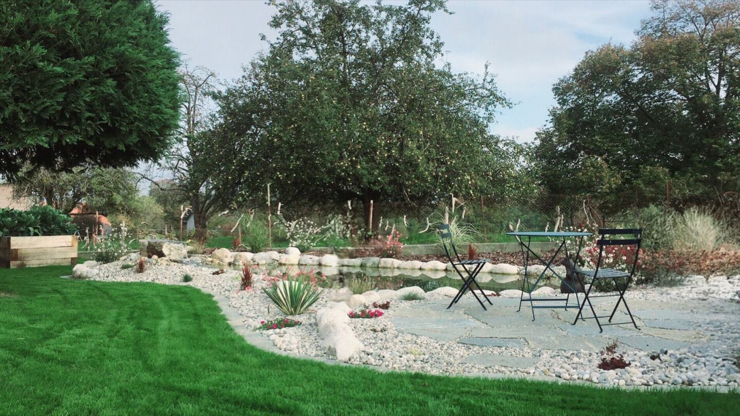 Jardin paysager avec bassin, pierre naturelle et végétation